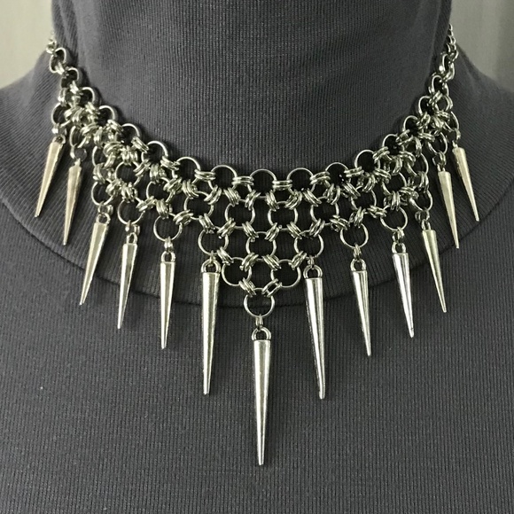 Gothic Tribal Silver Warrior Chainmail Spike Handmade Adjustable Choker Necklace - Picture 8 of 15